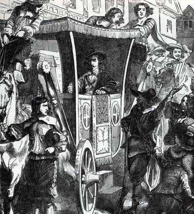 Kong Charles I hyldes af folkemængden efter det mislykkede forsøg på at arrestere de fem parlamentsmedlemmer John Pym, John Hampden, Denzil Holles, William Strode og Arthur Haselrig 4. januar 1642. 19. århundrede (gravering fra "History of the world") af Unbekannter Künstler
