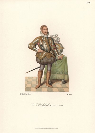 Kong Rudolph II, tysk-romersk kejser, konge af Bøhmen, ærkehertug af Østrig (1552-1612). I blondekrave, pladerustning dekoreret med guld, opskårne polstrede strømper og ringbrynjestrømper. Kromolitografi fra Hefner-Altenecks kostumer, kunstværker og appara af Unbekannter Künstler