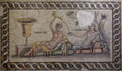 Kratos (Cratos) og Euphrosyne (Euthymia) - Mosaik, Akratos og Euphrosyne, Zeugma Mosaikmuseum, Gaziantep, Region Sydøstlige Anatolien, Anatolien, Tyrkiet, Asien af Unbekannter Künstler