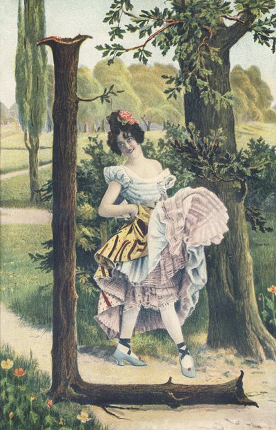 L: En kvinde med blomster i håret løfter sine underkjoler for at skitsere et dansetrin. Landeindretning - Alfabettegn Ref Th. E., L. Theochrom - Serie 994. Theodor Eisman, udgiver, Leipzig af Unbekannt