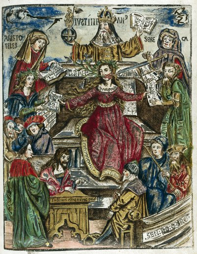 Det 16. århundredes vidensgrene: hver repræsenteret af forskellige personligheder: øverst Aristoteles (384-322 f.Kr.) for filosofi og Seneca (Lucius Annaeus Seneca, 4 f.Kr.-65) for moral af Unbekannt