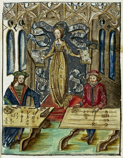 Matematiske instrumenter i det 16. århundrede: konkurrence om udregningshastighed mellem Pythagoras (580-500 f.Kr.) og Boetius (480-524), Pythagoras bruger sin tælletabel (kulmør) og Boetius bruger algoritmer af Unbekannt