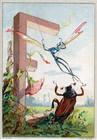 Bogstav E som Escarpolette. Mr. Mariniers kunstneriske alfabet. Redigeret af Henry Sicard, slutningen af det 19. århundrede. Reklamekromolitografier for produkter, der sælges på apoteker. Mål: 12,5 x 9 cm af Unbekannt
