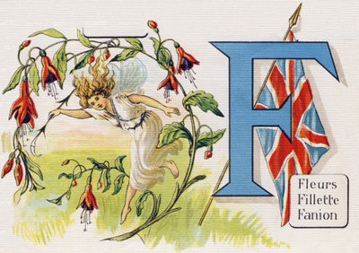 Bogstav F: Blomster, Pige, Vimpel. Indgravering i "ABC L