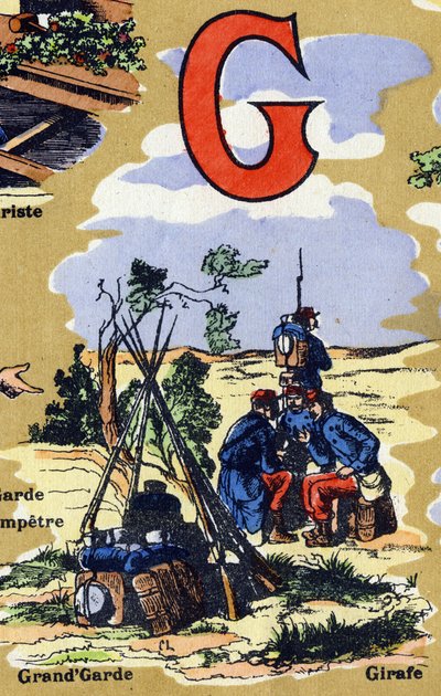 Bogstav G som hærens store garde. Iphabet illustrerer. Billeder genforenet i Jarville-Nancy, begyndelsen af det 20. århundrede. Mål: 40 x 29 cm. Litografi på bistre baggrund af Unbekannt
