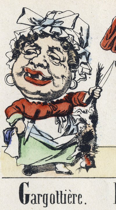 Bogstav G: gargottiere. Alfabet af den østlige fortælling. Billeddannelse af Epinal, omkring 1890. Populær serie. Lille hæfte på 8 sider. Mål: 205x150mm. Stencilerede træstik med temaet metier af Unbekannt