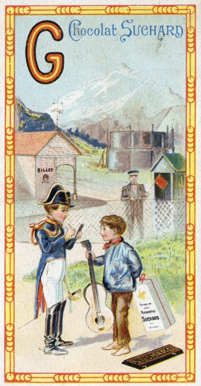 Bogstav G: gletsjer, gendarme, gazometer, barn, station, kriger, vinge, guitar. Indgravering af alfabetet redigeret af Chocolat Suchard, begyndelsen af det 20. århundrede. 24 kromolitografier, der repræsenterer steder, karakterer og genstande, der skal opd af Unbekannt