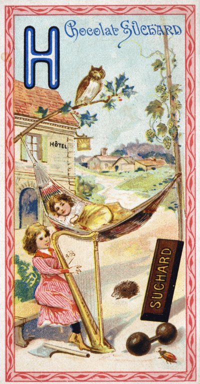 Bogstav H: hotel, ugle, hængekøje, harpe, økse, herisson, humle, håndvægte, chabbing, hamlet. Indgravering af alfabetet redigeret af Chocolat Suchard, begyndelsen af det 20. århundrede. 24 kromolitografier, der repræsenterer steder, karakterer og genstande af Unbekannt