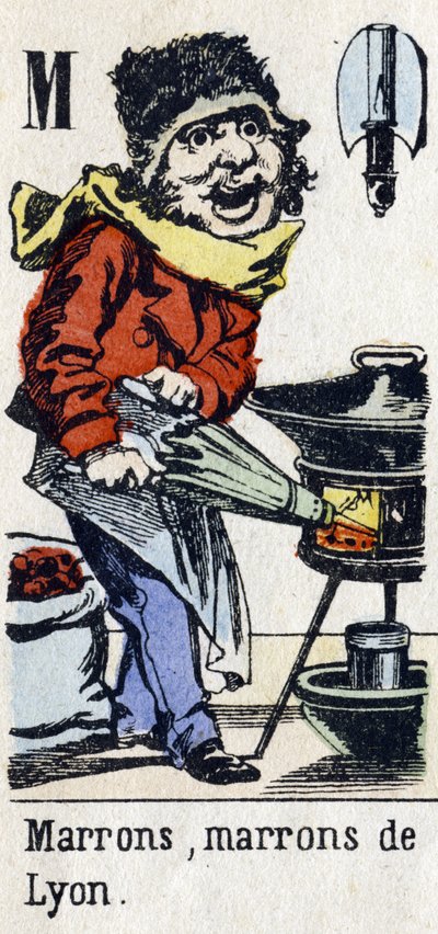 Bogstav M: "Brun, Brun af Lyon". Alfabet "Børnesjov". Billeddannelse af Epinal, ca. 1890. Populær serie. Lille hæfte på 8 sider. Stencilerede trægraveringer med temaet små gademetier og Paris