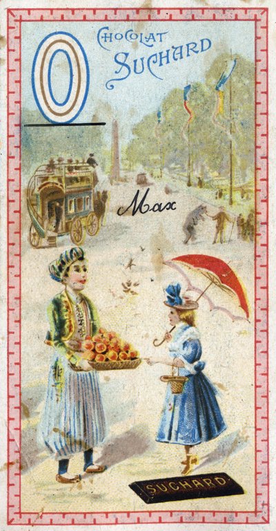 Bogstav O: omnibus, ottoman, paraply, oriflame, orange, obelisque, bjørn. Indgravering af alfabetet redigeret af Chocolat Suchard, begyndelsen af det 20. århundrede. 24 kromolitografier, der repræsenterer steder, karakterer og genstande, der skal opdages i af Unbekannt
