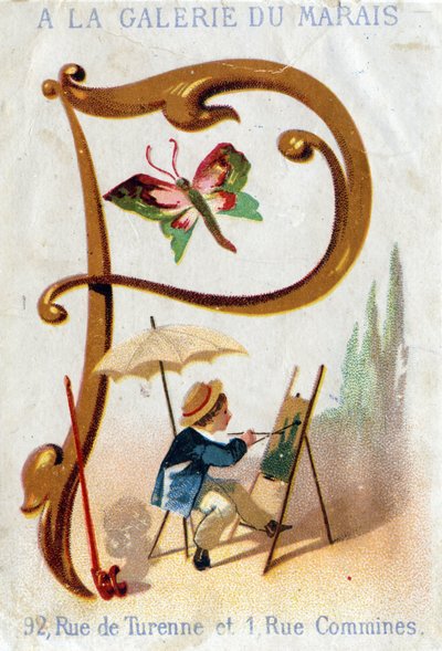Bogstav P: maler, sommerfugl, parasol, pibe. Alphabet Art Nouveau: Serie af 25 reklamekromolitografier. Litografi af Alfred Clarey, slutningen af det 19. århundrede. Mål 115x75mm af Unbekannter Künstler