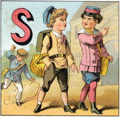 Bogstav S som skolefrafald. Indgravering i "Alphabet des petits ecoliers". Billeddannelse af Epinal, ca. 1885. Privee Collection af Unbekannt