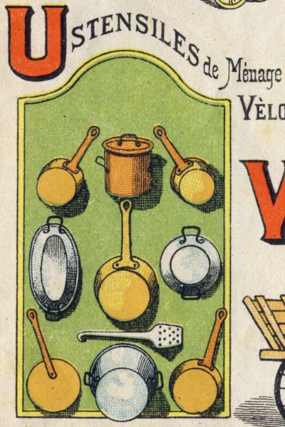 Bogstav U. Cocote, komfur, egern, gryde... Indgravering i "ABC Toys". Epinal billeddannelse i kromolitografi, ca. 1890. Lille hæfte på 8 sider. Mål: 195x135mm, beregnet til at modtage en annonce i 4. omslag. Bruges derhjemme, det tilbyder en berømt ab af Unbekannt