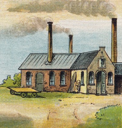 Bogstav U: Fabrik. Indgravering i "Alphabet de ma petite fille". Bernardin-Bechet og Fils, boghandler-forlag, Paris, omkring 1895. Ubrydeligt album på lærred. Bibliotheque des Bebes. 12 sider. Album indeholdende en læsemetode og en illustrativ abeced af Unbekannt