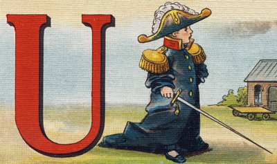 Bogstav U: uniform. Indgravering i "Alphabet de ma petite fille". Bernardin-Bechet og Fils, boghandler-forlag, Paris, omkring 1895. Ubrydeligt album på lærred. Bibliotheque des Bebes. 12 sider. Album indeholdende en læsemetode og en illustrativ abeced af Unbekannt