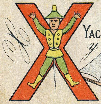 Buchstabe X. Gravur in "ABC Toys". Epinal-Bildgebung in Chromolithographie, um 1890. Kleines Heft mit 8 Seiten. von Unbekannt