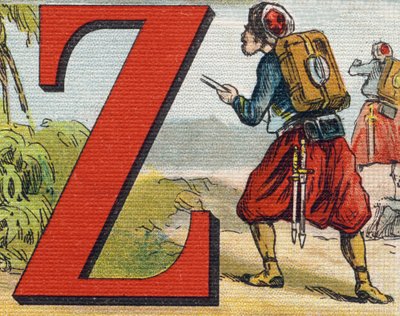 Bogstav Z: Zouave. Indgravering i "Alphabet de ma petite fille". Bernardin-Bechet og Fils, boghandler-forlag, Paris, omkring 1895. Ubrydeligt album på lærred. Bibliotheque des Bebes. 12 sider. Album indeholdende en læsemetode og en illustrativ abeceda af Unbekannt