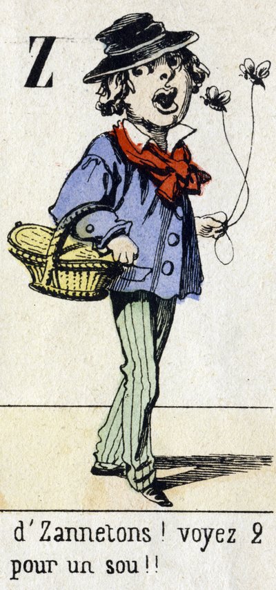 Bogstav Z: "af Zannetons! Se 2 for en skilling!! "Alfabet "Børnesjov". Billeddannelse af Epinal, omkring 1890. Populær serie. Lille hæfte på 8 sider. Stencilerede trægraveringer med temaet små gademetier og Paris-råbene af Unbekannt