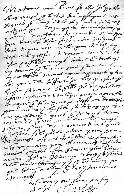 Brev, på fransk, fra kejser Karl V. til sin svigerdatter, dronning Mary I af England, hvori han udtrykker sit ønske om at se sin søn kong Philip, hendes mand, for at rådføre sig med ham om anliggender, hvori han udtrykker beklagelse over nødvendigheden af  af Unbekannt