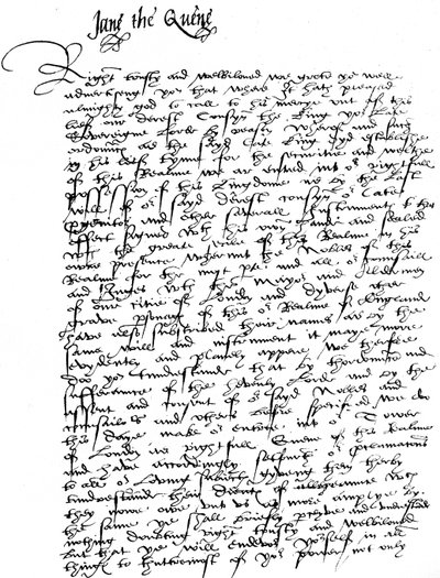Brev underskrevet af Lady Jane Grey, til William Parr, Marquess of Northampton, der meddeler hendes tiltrædelse som dronning og kræver hans troskab og bistand mod Lady Mary, 
