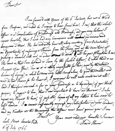 Brev skrevet af David Hume til Richard Davenport med henvisning til de store vanskeligheder i hans forhold til Jean-Jacques Rousseau, Rousseaus afvisning af at modtage pension og hans skænderier med Hume, 8. juli af Unbekannt
