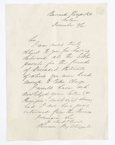 Brev skrevet af Florence Nightingale, mens han var på Barrack Hospital, Scutari (blæk på papir) af Unbekannt