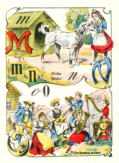 Bogstaverne M N og O som Medor, Niche og Swiss Orchestra. Indgravering i "Sjove alfabet". Billeddannelse af Pont-a-Mousson. Trykning og udgivelse Louis Vagne, slutningen af 1800-tallet af Unbekannt