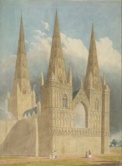 Lichfield Cathedral - West Front: akvarelmaleri, og [c 1840] af Unbekannt