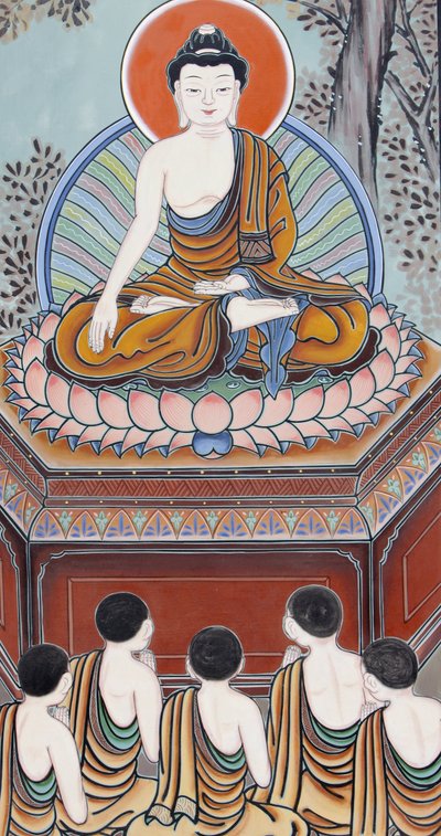 Buddhas liv Som Buddha, en vågnet, vendte han tilbage for at lære sine fem medudøvere den ædle sandhed om utilfredsstillelse, den ædle sandhed om årsagen (trang), den ædle sandhed om ophør og den ædle 8-foldige vej, der fører til ophøret af Unbekannt