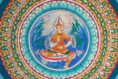 Buddhas liv. Loftskunst, der skildrer Buddhas liv. Wat Inpeng. Vientiane. Laos, 20151029, Vientiane, Laos af Unbekannt