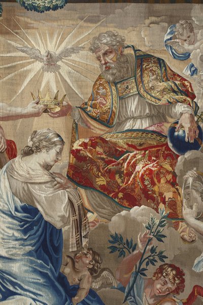 Jomfruens liv: "Jomfruens kroning" Detalje, der forestiller Gud og Helligåndens (Helligåndens) due over Jomfruen - Uld og silketæppe lavet i Pierre Damours værksted ud fra Charles Poersons tegninger (1609-1667) af Unbekannt
