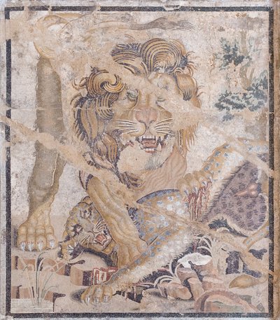 Løve og leopard (mosaik) af Unbekannter Künstler