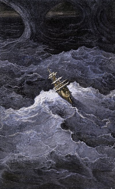 Litteratur: Båd midt ude på havet. Illustration af Samuel Taylor Coleridges (1772-1834) roman "Rime of the Ancient Mariner". Farvestik efter en illustration af Gustave Dore. af Unbekannter Künstler