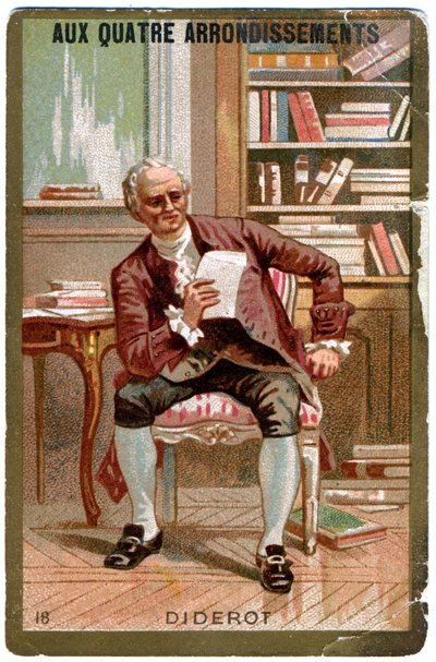 Litteratur. Den franske filosof Denis Diderot. Billedsprog fra det parisiske stormagasin: Aux Quatre Arrondissements, Frankrig, ca. 1900 af Unbekannter Künstler