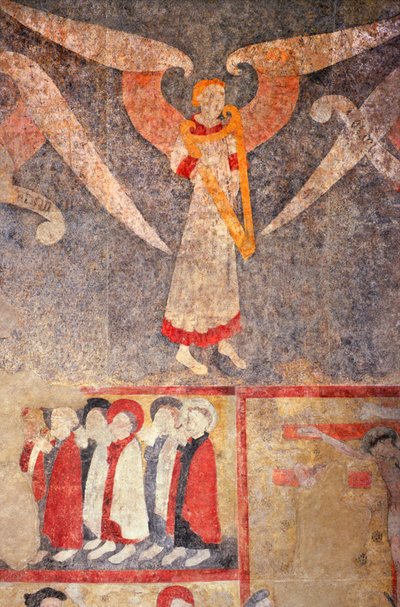 Loire Atlantique N* 080 - St-Sulpice des Landes - Eglise dit du "old bourg"" - vægmalerier fra det 15. århundrede - hvælvingens engel spiller "rebekken"" (viol) af Unbekannt