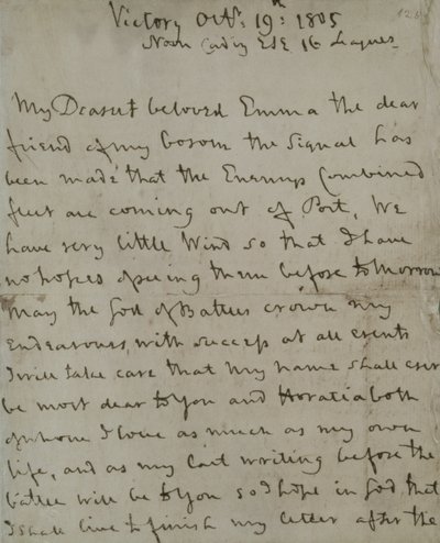 Lord Nelsons (1758-1805) sidste brev til Emma Hamilton, skrevet fra 