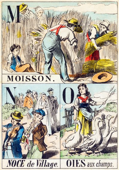 M N O : Moisson, Noce de village, Oies aux champs - "Alphabet of the farm" slutningen af det 19. århundrede (gravering) af Unbekannt