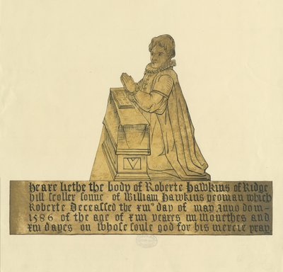 Madeley Church - Monument til Robert Hawkins: vandfarve og blækmaleri, nd [?19. århundrede] af Unbekannt