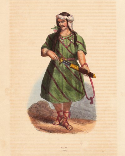 Mand fra Karen-stammen (Karene eller Karyang) (Burma, Myanmar) - Mand fra Karen-stammen (Karian) i det sydlige Burma - Håndkoloreret træsnit fra "Mores, Uses et Costumes de tous les Peoples du Monde, Asia," af Auguste Wahlen, pseudonym for Jean Francois Ni af Unbekannter Künstler