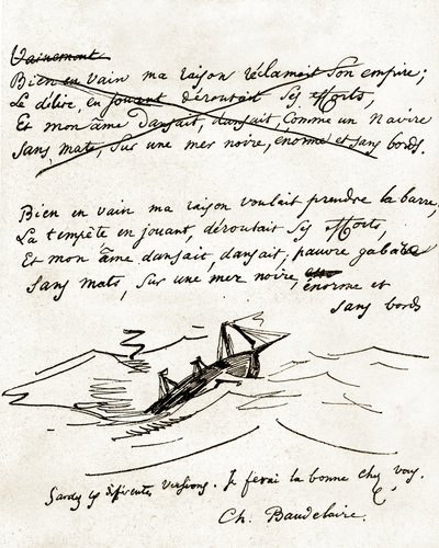 Manuskript af Charles Baudelaire, illustreret med en tegning af en båd af Unbekannter Künstler