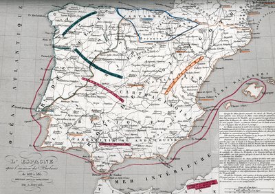 Kort over Spanien på det germanske Hispanias tid, 409-585 (Kort over Spanien på det germanske Hispanias tid) Stik fra "Atlas Universel" af Houze af Unbekannter Künstler