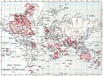 Kort over verden, der viser britiske besiddelser i 1904. af Unbekannt