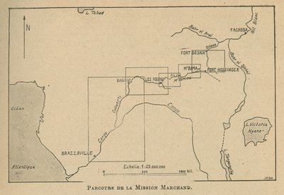Kort, der viser Marchand-missionens rute i 1898 (litho) af Unbekannt
