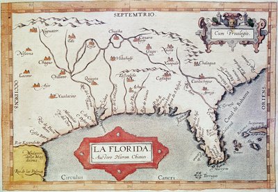 Kortlægning af "Florida". Vi kan se Krebsens vendekreds, Bahamas og Tortugas-øerne. I "Teatrum Orbis Terrarum"" af kartografen Abraham Ortelius (1527-1598) af Unbekannter Künstler