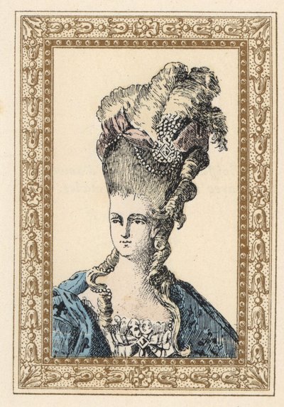 Marie Antoinette, hustru til kong Ludvig XVI af Frankrig, i kunstfærdig frisure kronet med bånd og perler af Unbekannter Künstler