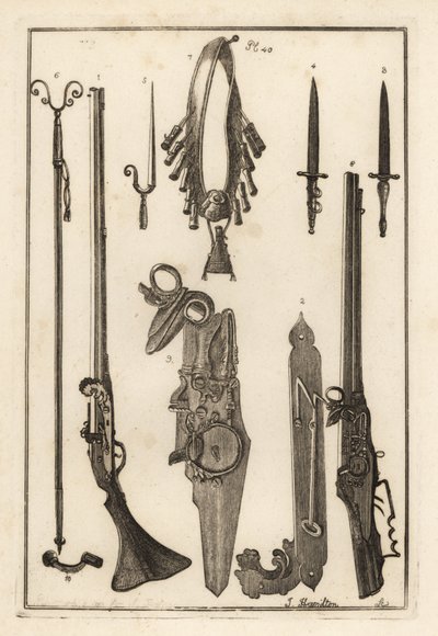 Matchlock-musket, lås og bajonet fra Tower of London 1-3, bajonet 4, musketstøtte og bajonet 5, musketstøtte 6, bandilere og pudderkolbe 7, hjullås 8,9 og skruenøgle 10 af Unbekannt