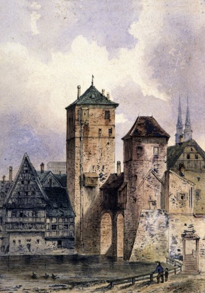 Middelalderby ved Rhinen, ca. 1850-1900 (akvarel) af Unbekannter Künstler