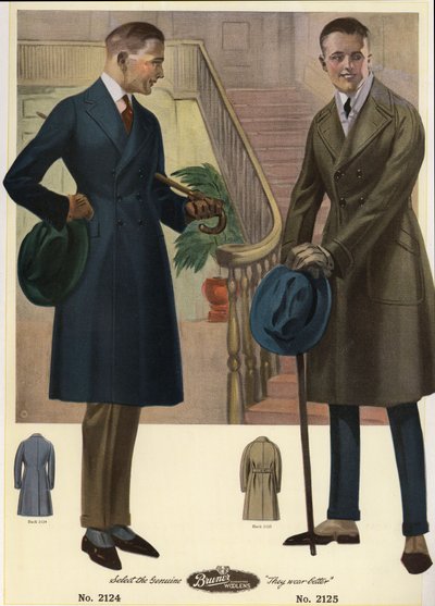 Herremode 1920 - Mænd i dobbeltradede frakker med stokke og hatte, iført spatler. Kromolitografi fra et katalog over herremode fra Bruner Woolens. af Unbekannter Künstler