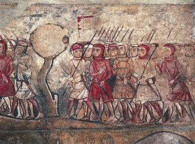 Militær forsamling ledet af kong James I af Aragonien, kendt som Erobreren, fresko i Palau Reial Major, Barcelona af Unbekannter Künstler