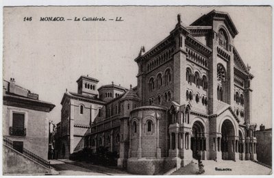 Monaco: udvendig udsigt over Cathedrale Notre Dame Immaculee (Notre-Dame-Immaculee) - Postkort slutningen af det 19.-20. århundrede af William M. Timlin